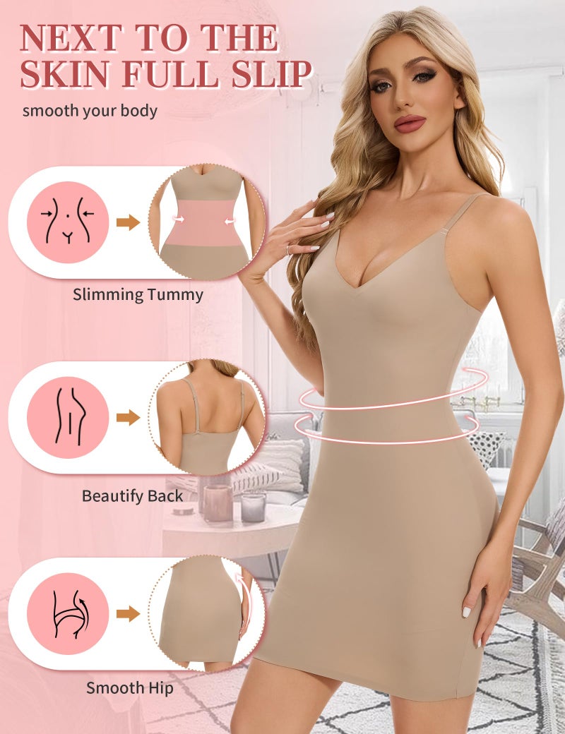 SLIMBELLE Shapewear Slips For Under Dress Deep V Neck Adjustable Strap Tummy Control Full Slip Seamless Shaper For Women Nude S - Image 2