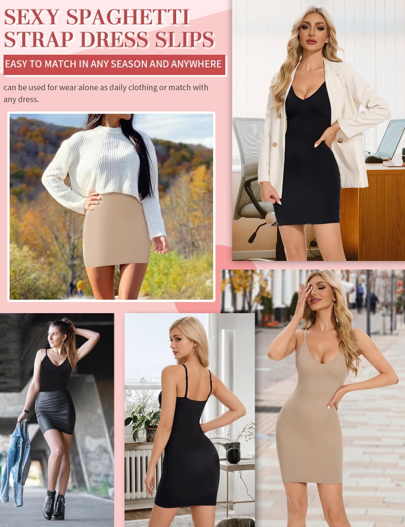 SLIMBELLE Shapewear Slips For Under Dress Deep V Neck Adjustable Strap Tummy Control Full Slip Seamless Shaper For Women Nude S - Image 5
