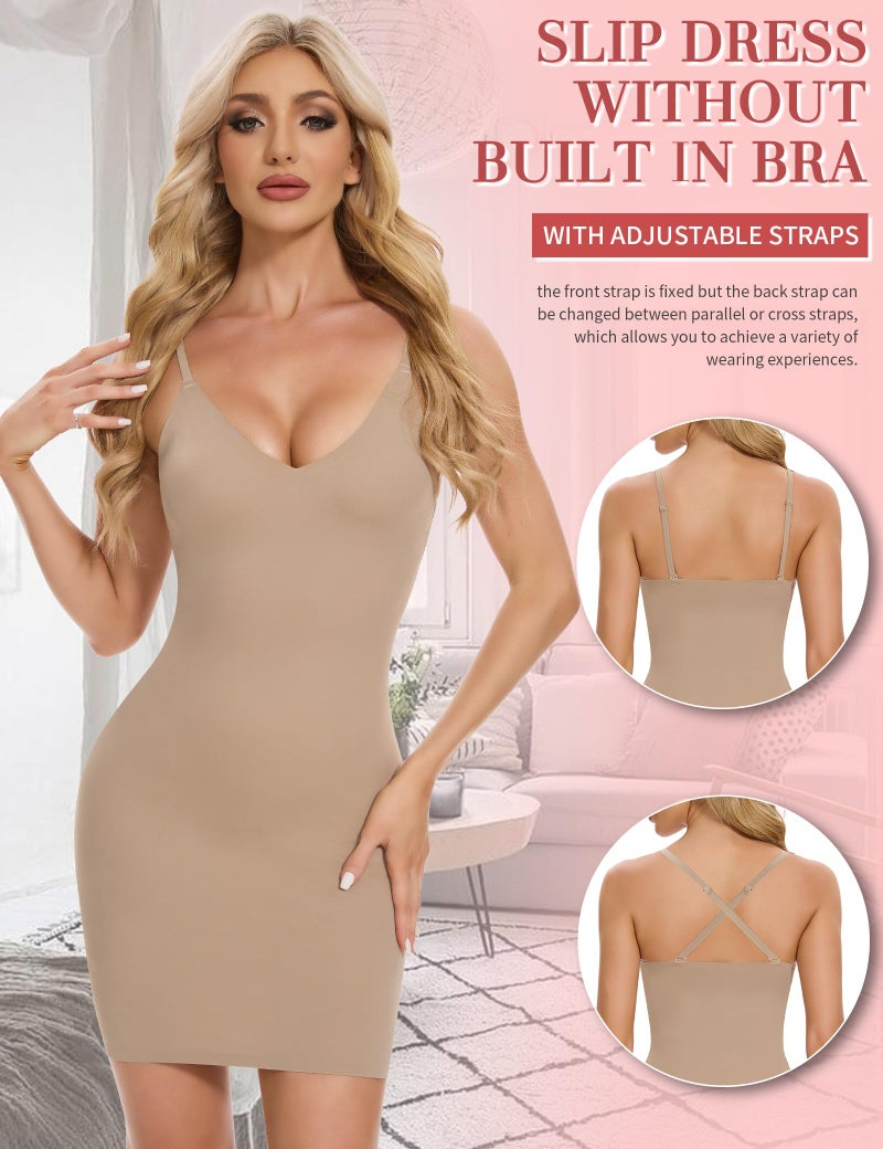 SLIMBELLE Shapewear Slips For Under Dress Deep V Neck Adjustable Strap Tummy Control Full Slip Seamless Shaper For Women Nude S - Image 3