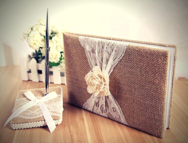 BETTERLINE Rustic Wedding Guest Book Made of Burlap and Lace - Includes Burlap Pen Holder and Silver Pen - 120 Lined Pages for Guest Thoughts - Comes in Gift Box (White Rose) - Image 2