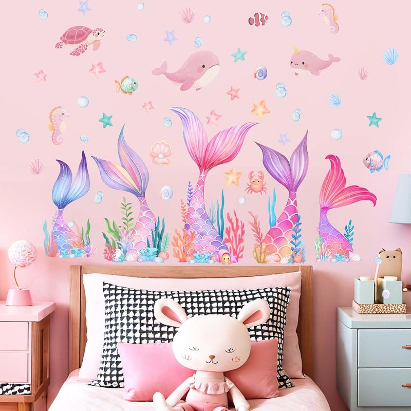 ARS Mermaid Tail Wall Stickers for Girls: Peel and Stick Under The Sea Wall Decals for Girl Room Baby Bedroom Nursery - Ages 1-12 Years Vinyl Decor - Image 1