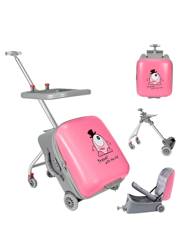 Kids Ride-on Suitcase, 20 Inch Carry-On Travel Luggage with Child Seat Design, Hardside Rolling Detachable Boarding Luggage with Wheels, 2-in-1 Trolley Case & Baby Stroller for Boys Girls (Pink L)  - Image 2