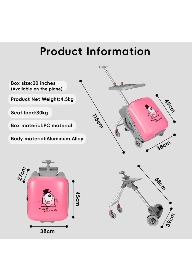 Kids Ride-on Suitcase, 20 Inch Carry-On Travel Luggage with Child Seat Design, Hardside Rolling Detachable Boarding Luggage with Wheels, 2-in-1 Trolley Case & Baby Stroller for Boys Girls (Pink L)  - Image 3