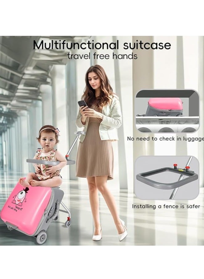 Kids Ride-on Suitcase, 20 Inch Carry-On Travel Luggage with Child Seat Design, Hardside Rolling Detachable Boarding Luggage with Wheels, 2-in-1 Trolley Case & Baby Stroller for Boys Girls (Pink L)  - Image 1