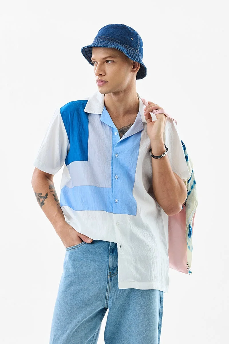 سنيتش White Colour Blocked Half Sleeve Boxy Shirt