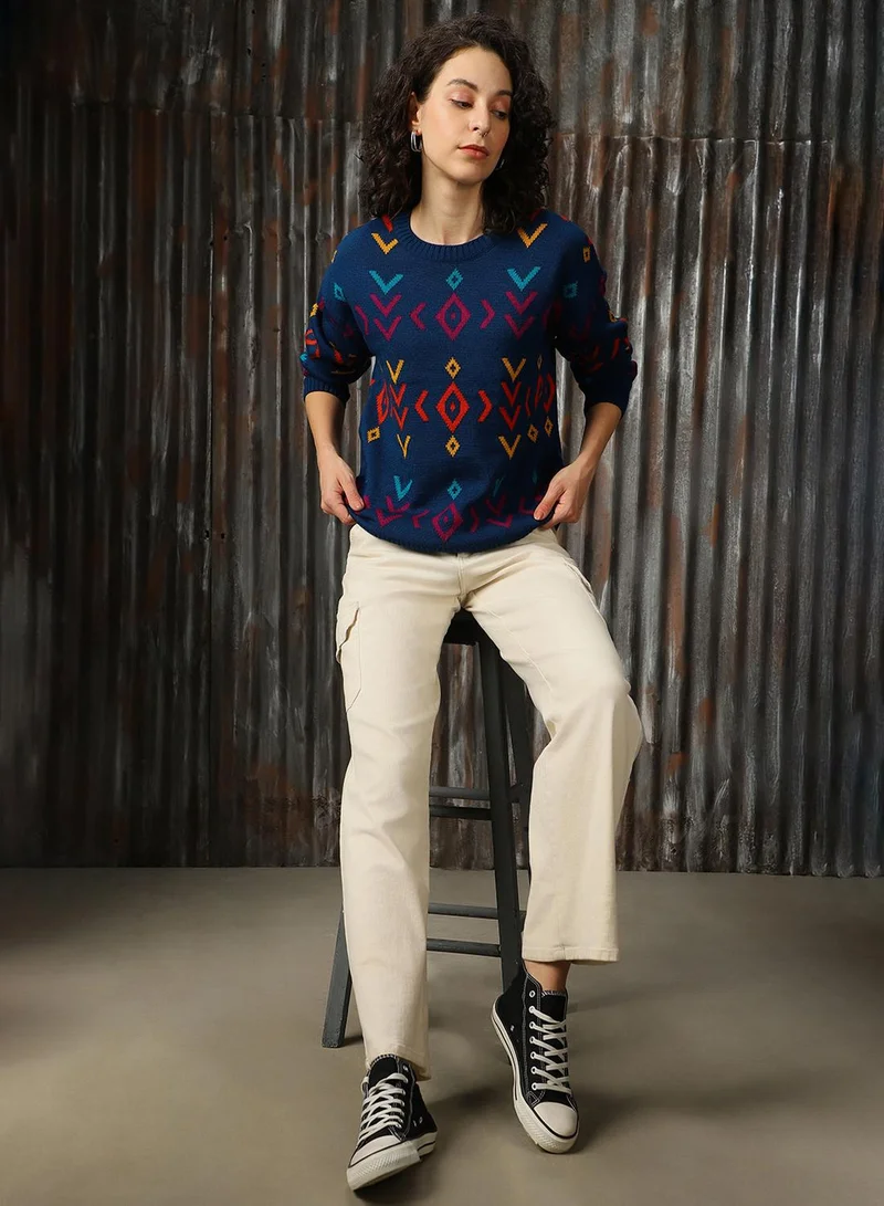 HIGH STAR Women's Navy 100% Acrylic Solid Regular Fit Sweater