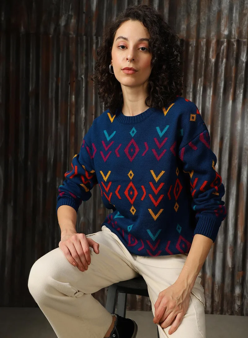 HIGH STAR Women's Navy 100% Acrylic Solid Regular Fit Sweater