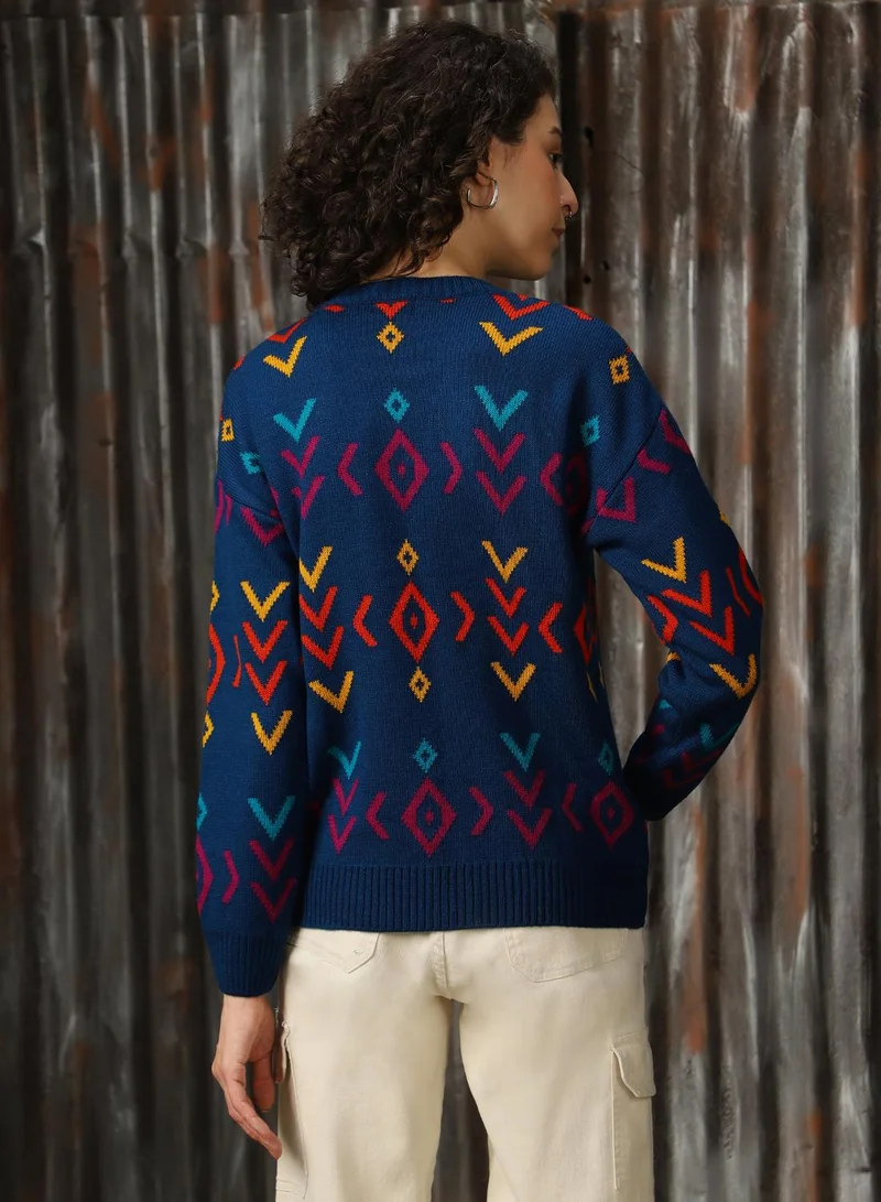 HIGH STAR Women's Navy 100% Acrylic Solid Regular Fit Sweater
