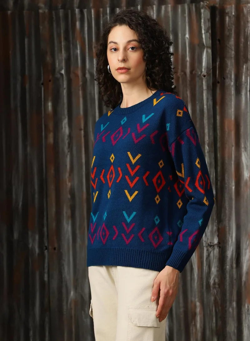 HIGH STAR Women's Navy 100% Acrylic Solid Regular Fit Sweater