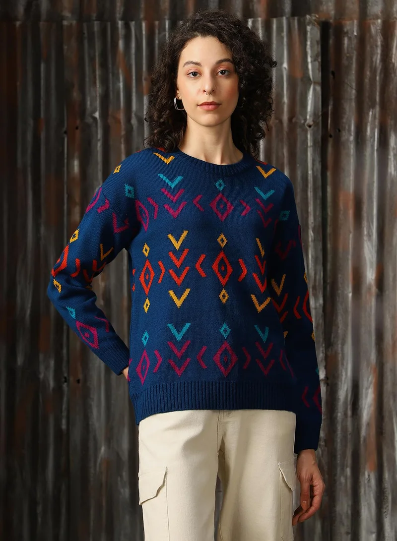 HIGH STAR Women's Navy 100% Acrylic Solid Regular Fit Sweater