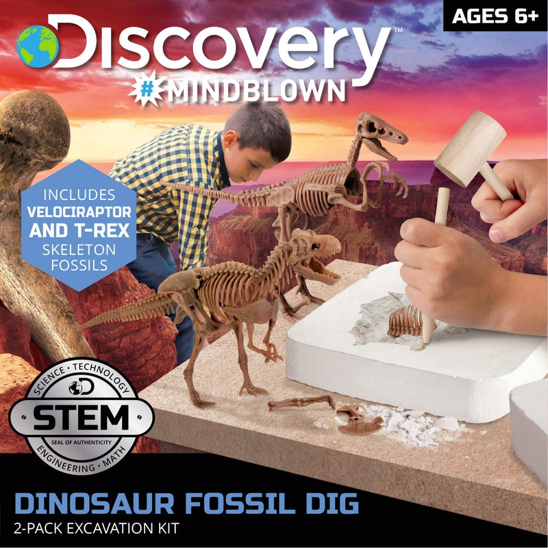 Discovery Kids Discovery #MINDBLOWN Dinosaur Fossil Dig Excavation Kit, 15-Piece T-Rex & 10-Piece Velociraptor, 3D Skeleton Puzzle Display Models, Includes Tools & Safety Glasses, Jurassic Dino Toy for Kids - Image 2