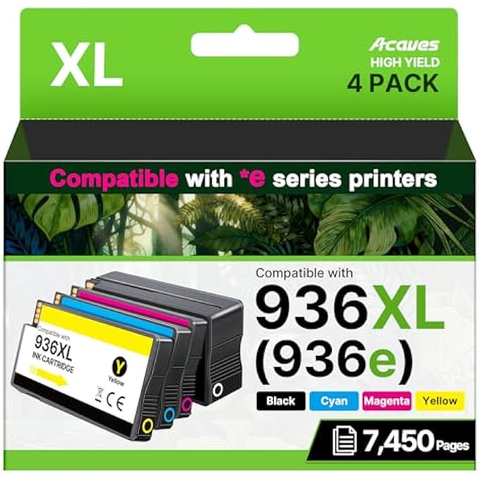 936E HIGH YIELD 936 INK CARTRIDGES FOR HP PRINTERS HP936 936XL REPLACEMENT FOR HP 936 INK CARTRIDGES COMBO PACK WORK FOR HP OFFICEJET PRO 9125E 9135E 9730E 9130E 9720E 9122E 9128E PRINTERS, 4 PACK - Image 1
