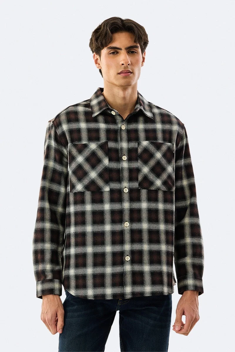 SNITCH Brown Checkered Long Sleeve Relaxed Overshirt