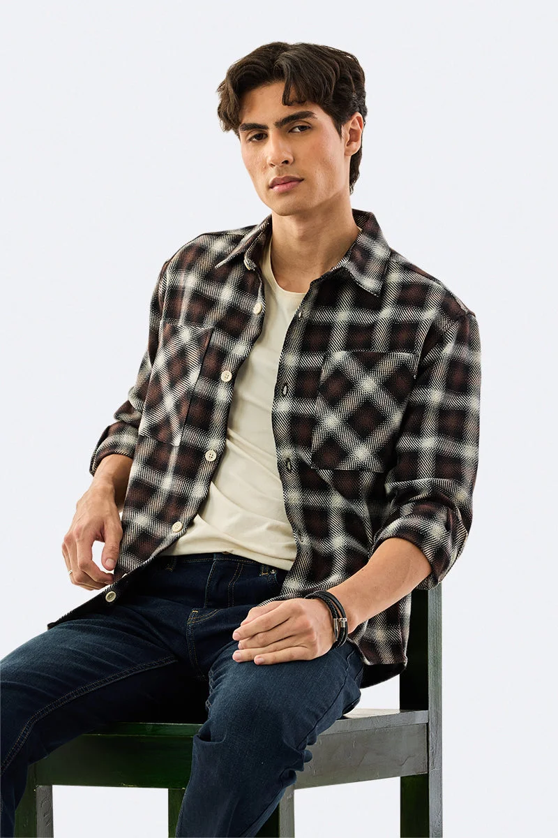 سنيتش Brown Checkered Long Sleeve Relaxed Overshirt