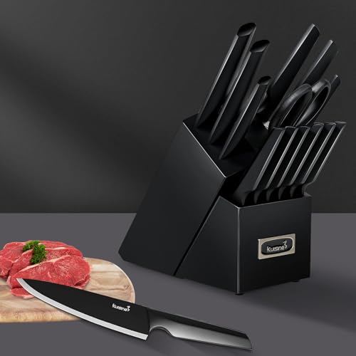 KUISINE طقم سكاكين كيوزين المتميز، قطعة واحدة من الصلب، فولاذ مقاوم للصدأ عالي الكربون فائق الحدة، مقبض صلب مريح غير قابل للانزلاق، طقم سكاكين مع شarpener مدمج، هدية فاخرة (15 قطعة، بلاك برو إكس) - Image 4