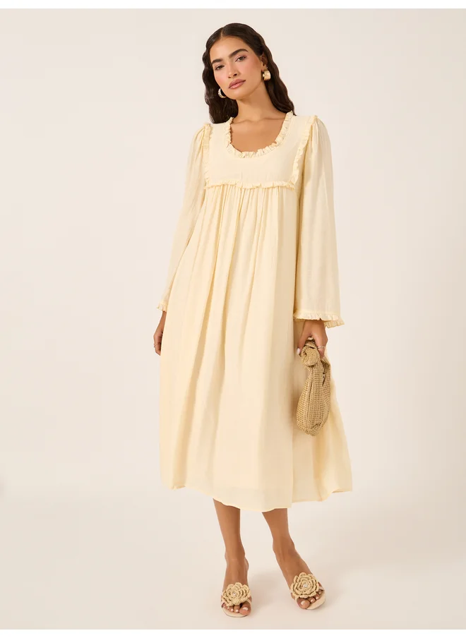 Styli Styli Plain Ruffle Trim Long Sleeves Shift Midi Dress
