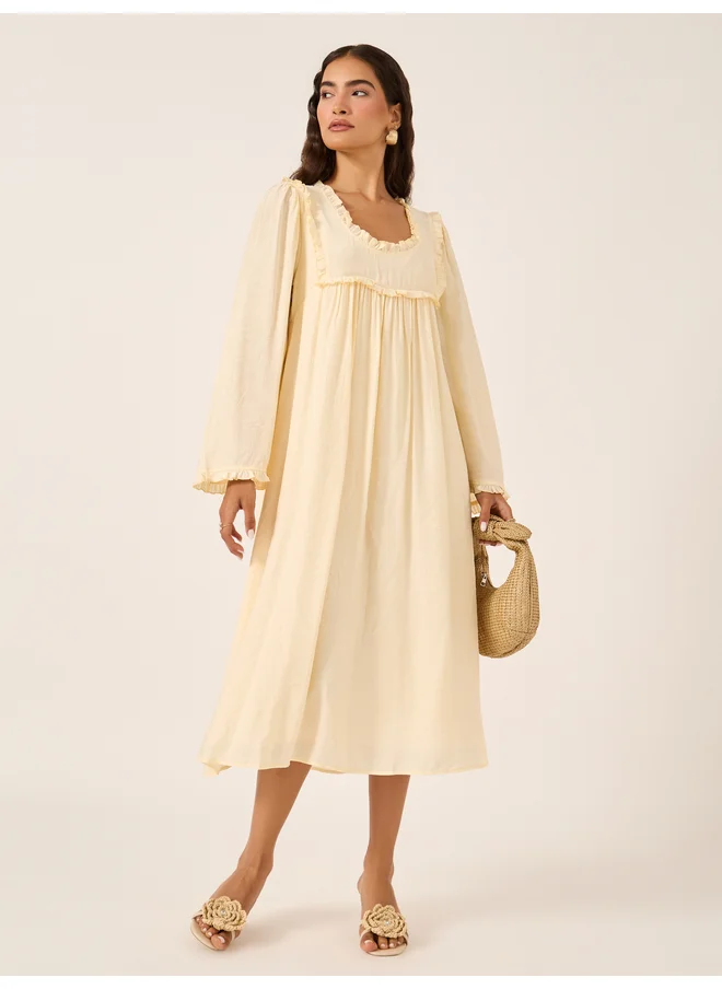 Styli Styli Plain Ruffle Trim Long Sleeves Shift Midi Dress