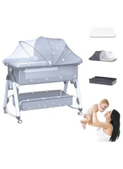 Baby Bed,Baby Bedside Crib,Folding Newborn Bedside Sleeper,Baby Bassinet bed,Newborn cribs,Side Mesh Portable Infant Travel Crib,Adjustable Height Soft Mattress with Swivel Wheels mosquito net