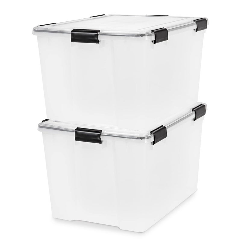 IRIS IRIS USA WeatherPro 74 Qt Storage Bins with Lids 2 Pack BPAFree Plastic Gasket Box with Tight Latch and Seal Stackable Nestable Tote Tub  ClearBlack 