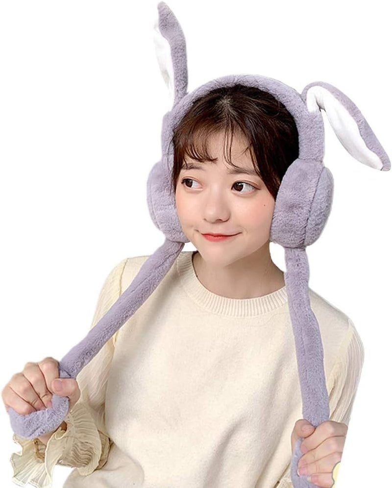 THE DDS STORE Women's Winter Plush Earwarmer Bunny Earmuffs with Moving Jumping Rabbit Ears Headbands Winter Ear Warmers for Women Girls (Grey) - Image 1