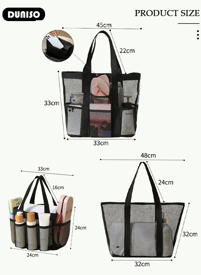 DUNISO 3 PCS Mesh Beach Bag, Mesh Storage Bag with Zipper and Multiple Pockets, Item Management Storage Bag Set for Travel, Vacation, Gym, Shopping and More - Image 4