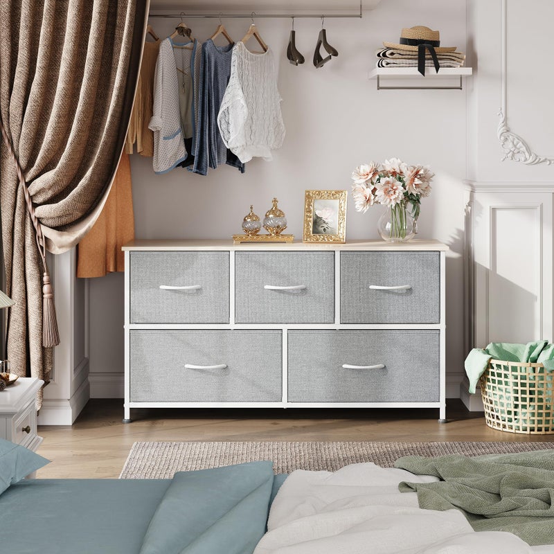 WLIVE Dresser for Bedroom with 5 Drawers, Wide Chest of Drawers, Fabric Dresser, Storage Organization Unit with Fabric Bins for Closet, Living Room, Hallway, Light Grey - Image 3