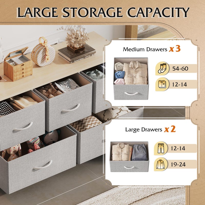 WLIVE Dresser for Bedroom with 5 Drawers, Wide Chest of Drawers, Fabric Dresser, Storage Organization Unit with Fabric Bins for Closet, Living Room, Hallway, Light Grey - Image 4