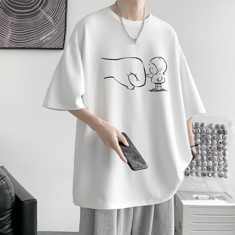 Hong Kong Style Summer Creative Graffiti T-shirt Men's Trendy Loose Simple Short-sleeved Top Hip-hop 2023 Half-sleeved T-shirt Trendy - Image 2