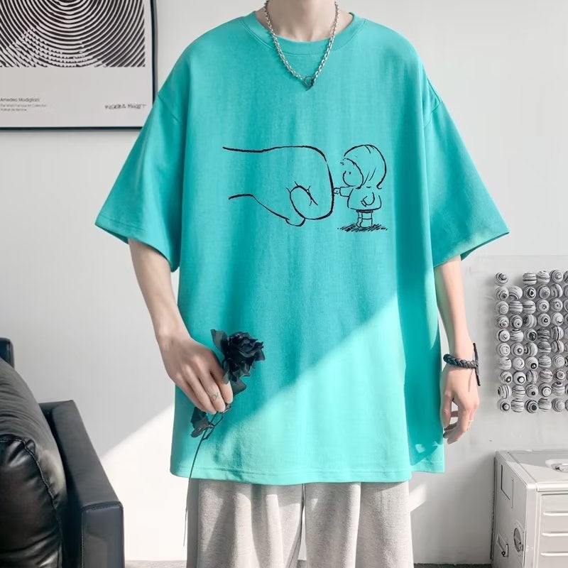Hong Kong Style Summer Creative Graffiti T-shirt Men's Trendy Loose Simple Short-sleeved Top Hip-hop 2023 Half-sleeved T-shirt Trendy - Image 1