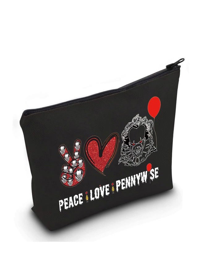 LEVLO Clowns Cosmetic Make Up Bag Movie Fans Gift Peace Love Movie Makeup Zipper Pouch Bag Horror Movie Gift, Black Peace Pennywise, Cosmetic Bag - Image 1
