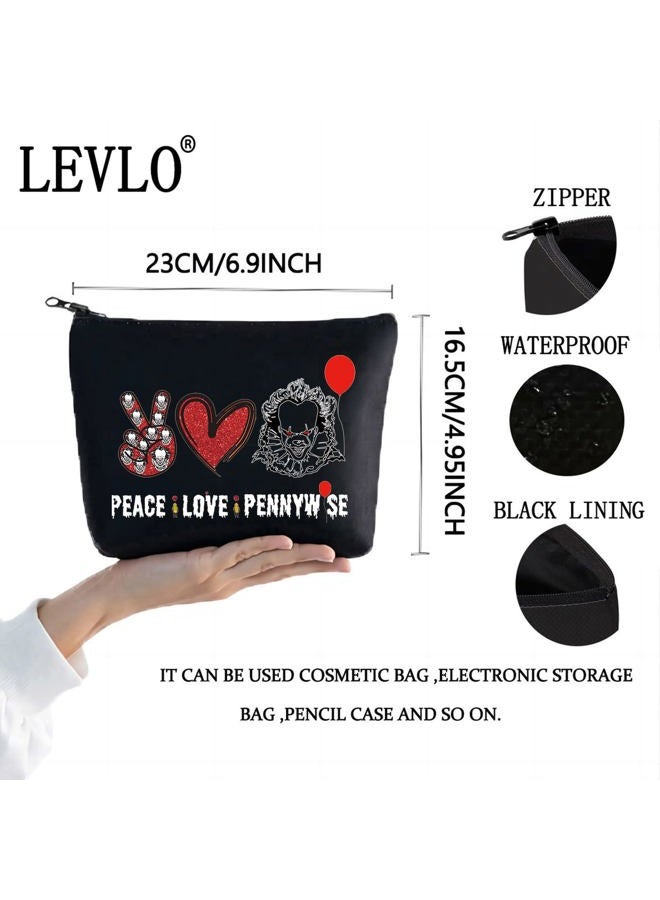 LEVLO Clowns Cosmetic Make Up Bag Movie Fans Gift Peace Love Movie Makeup Zipper Pouch Bag Horror Movie Gift, Black Peace Pennywise, Cosmetic Bag - Image 2