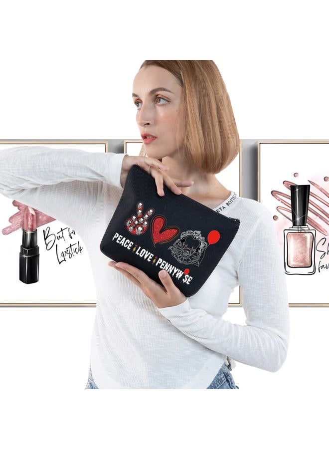 LEVLO Clowns Cosmetic Make Up Bag Movie Fans Gift Peace Love Movie Makeup Zipper Pouch Bag Horror Movie Gift, Black Peace Pennywise, Cosmetic Bag - Image 3