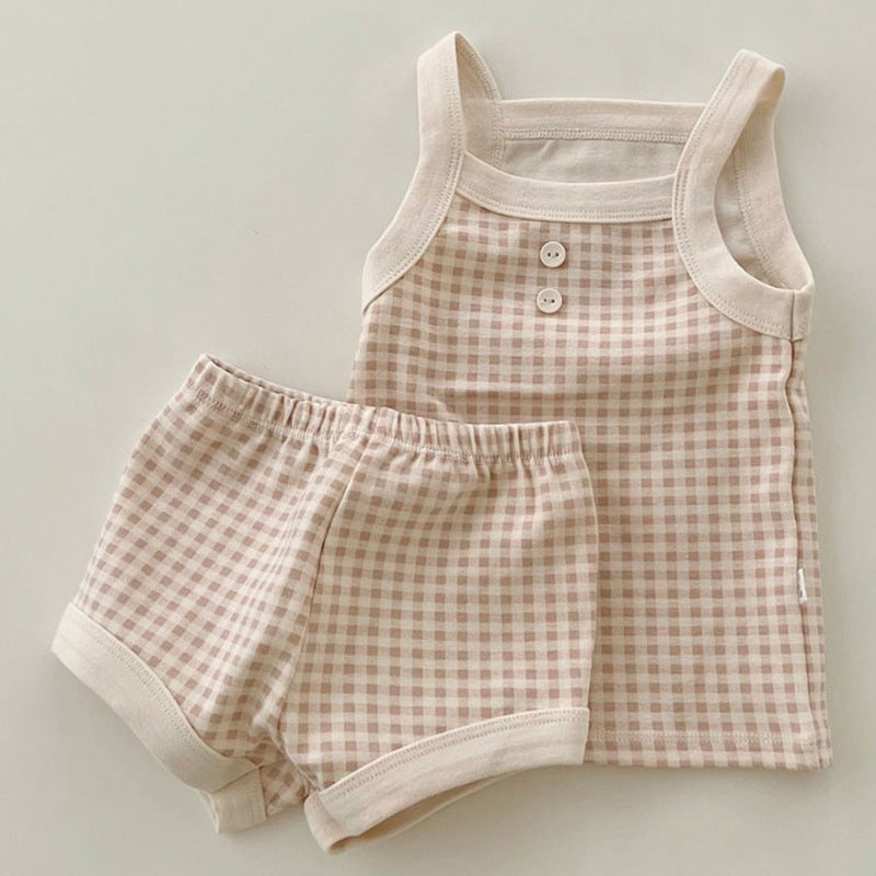 Summer Cotton Baby Vest and Shorts Set Plaid Pale Powder 