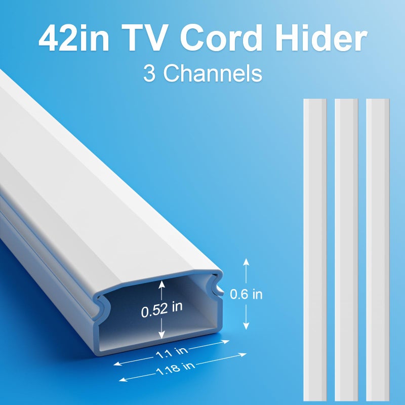 Yecaye TV Cord Hider, 42in Cord Cover, Large Cable Hider, Wire Covers for 4 Cords, Cable Raceway Wire Hider, Wire Hiders for TV on Wall, Cable Cover Cord Concealer, W1.18in H0.6in, White - Image 3