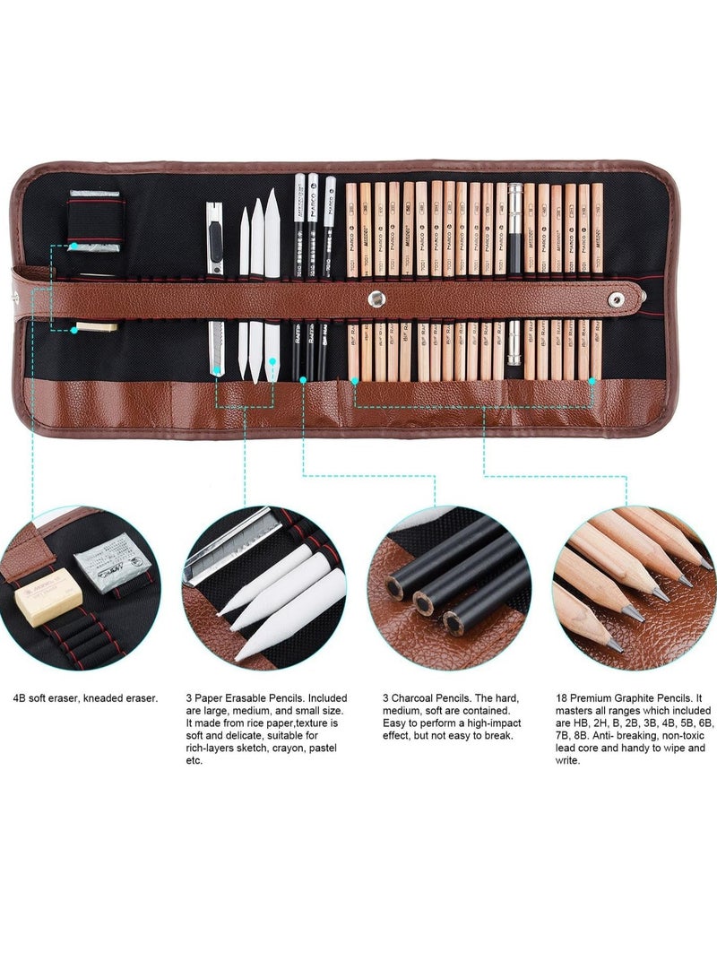 Professional Sketching Drawing Art Tool Kit With Graphite Pencils 29 Pieces Charcoal Pencils Paper Erasable Pen Craft Knife without Sketchbook with Canvas Rolling Pouch - Image 5