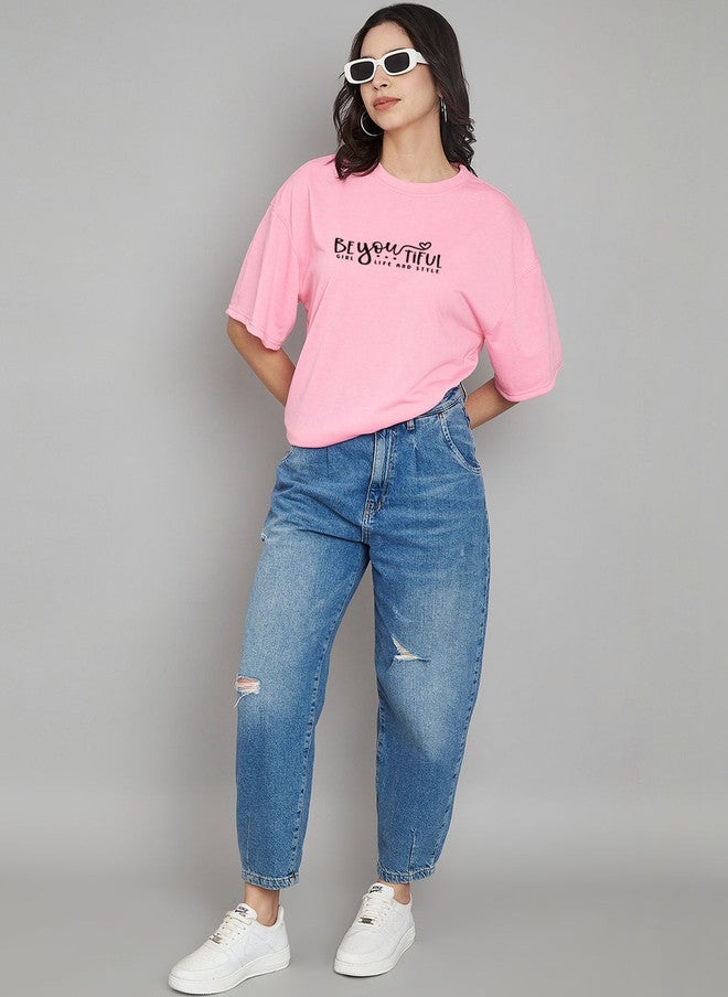 TREND LEVEL Pink Typography Printed Oversized T-shirt for Women - Image 4