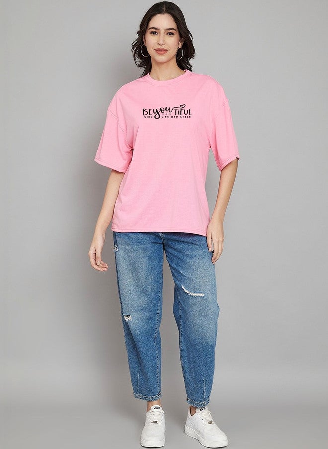 TREND LEVEL Pink Typography Printed Oversized T-shirt for Women - Image 5