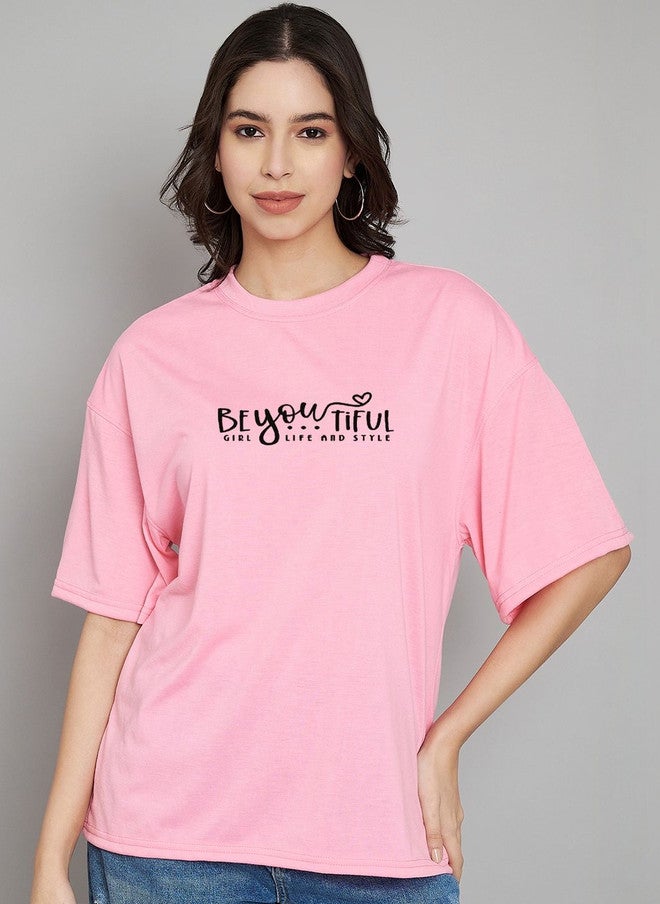TREND LEVEL Pink Typography Printed Oversized T-shirt for Women - Image 1