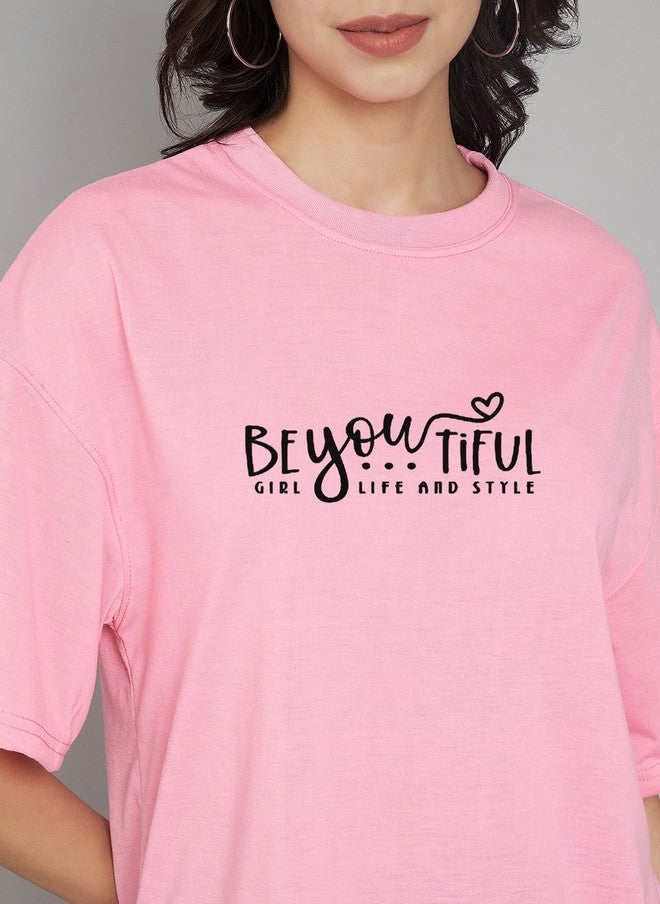 TREND LEVEL Pink Typography Printed Oversized T-shirt for Women - Image 2