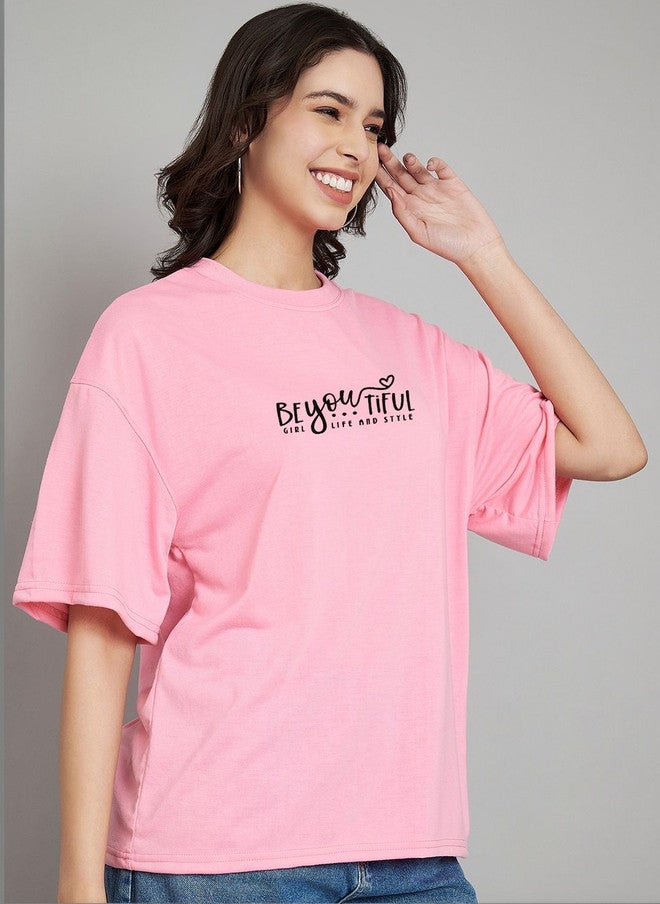 TREND LEVEL Pink Typography Printed Oversized T-shirt for Women - Image 3