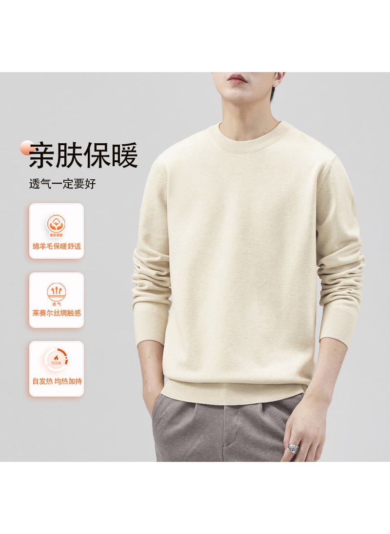 Generic - Self-Heating Lace Wool Sweater Soft Knit Mens Autumn/Winter Base Layer Long Sleeve Round Neck Solid Color Top 3015 shallow flower apricot - Image 1
