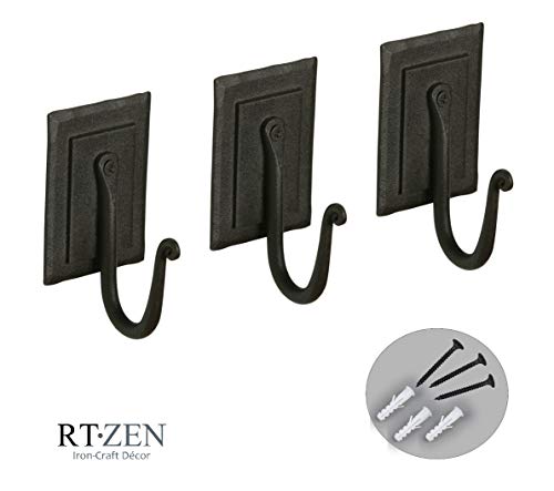 RTZEN Wall Mount Hook Set - Wrought Iron Decorative Rustic Metal Coat Hooks for Hanging - Handcrafted Classic Farmhouse Wall Mounted Black Hooks for Towel Robe or Hat Hanging - 3 Pack - Image 3