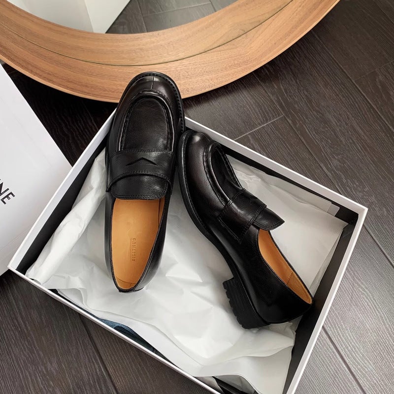Ready Stock Shipped In Seconds! Wang Xiaodu'S Same Style Retro Genuine Leather Slip-On Thick Heel Loafers Handmade Small Leather Shoes - Image 3
