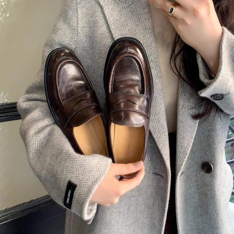 Ready Stock Shipped In Seconds! Wang Xiaodu'S Same Style Retro Genuine Leather Slip-On Thick Heel Loafers Handmade Small Leather Shoes - Image 1