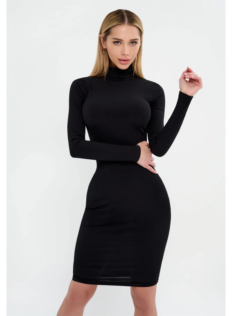Bona Fide Bona Fide Women's Long Sleeve Black Bodycon Dress – High Neck Knee-Length Everyday Elegant Fit