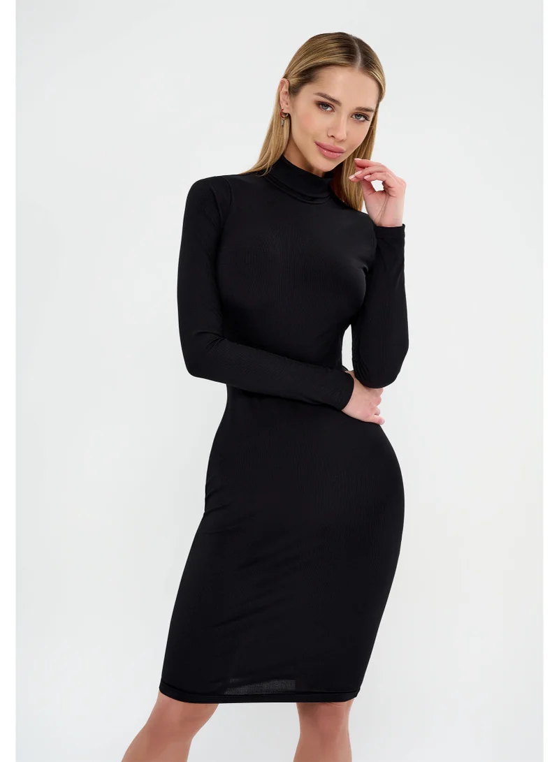 Bona Fide Bona Fide Women's Long Sleeve Black Bodycon Dress – High Neck Knee-Length Everyday Elegant Fit