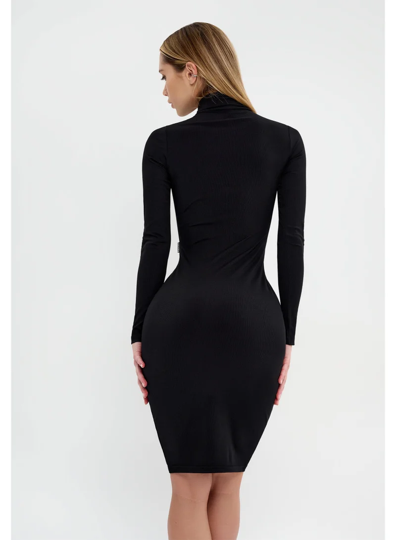 Bona Fide Bona Fide Women's Long Sleeve Black Bodycon Dress – High Neck Knee-Length Everyday Elegant Fit