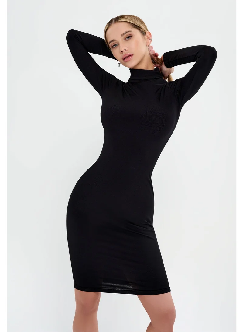Bona Fide Bona Fide Women's Long Sleeve Black Bodycon Dress – High Neck Knee-Length Everyday Elegant Fit