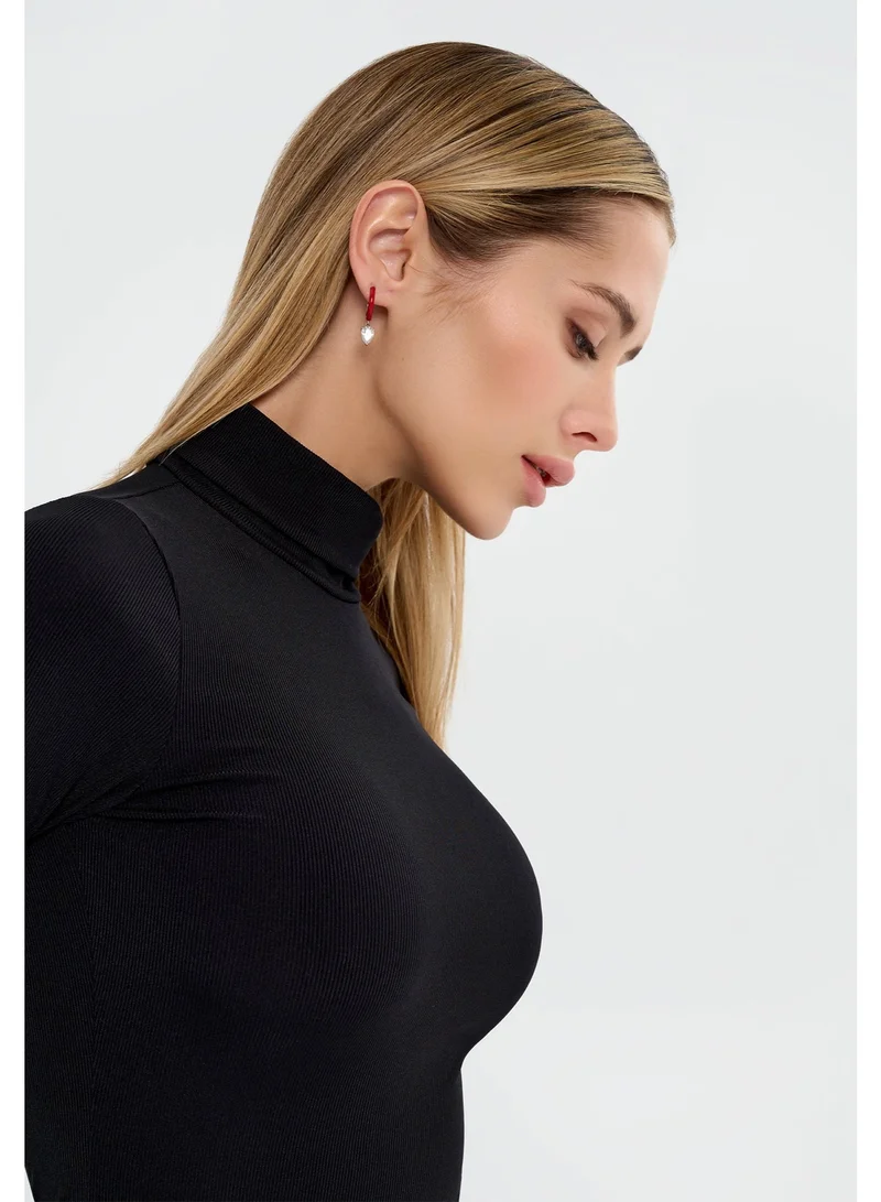 Bona Fide Bona Fide Women's Long Sleeve Black Bodycon Dress – High Neck Knee-Length Everyday Elegant Fit