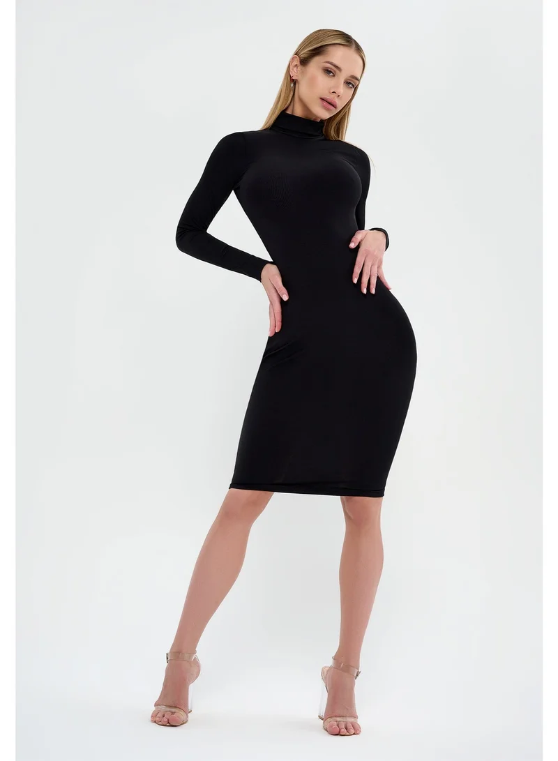 Bona Fide Bona Fide Women's Long Sleeve Black Bodycon Dress – High Neck Knee-Length Everyday Elegant Fit